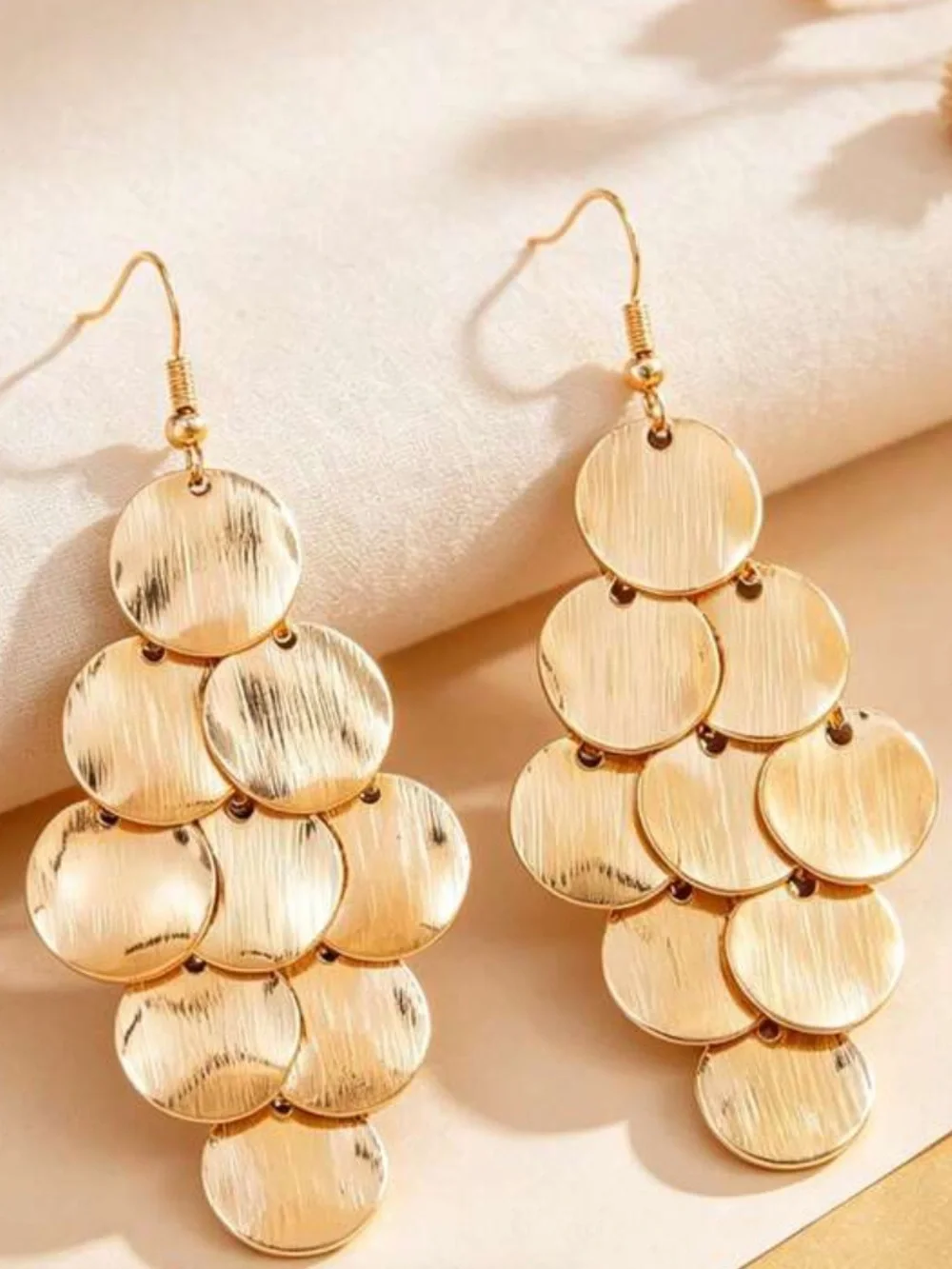 Gold Tone Layered Disc Dangle Earrings